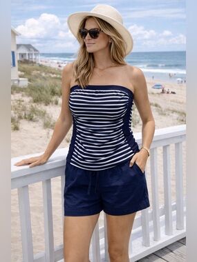 Lands’ End Strapless Tankini Top M 10-12 Striped Tummy Control Swimwear EUC